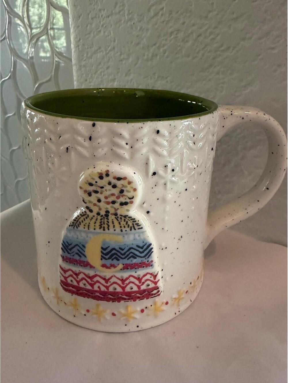 ANTHROPOLOGIE COFFEE TEA LATTE MUG BUNDLED UP MONOGRAM LETTER C HOLIDAY